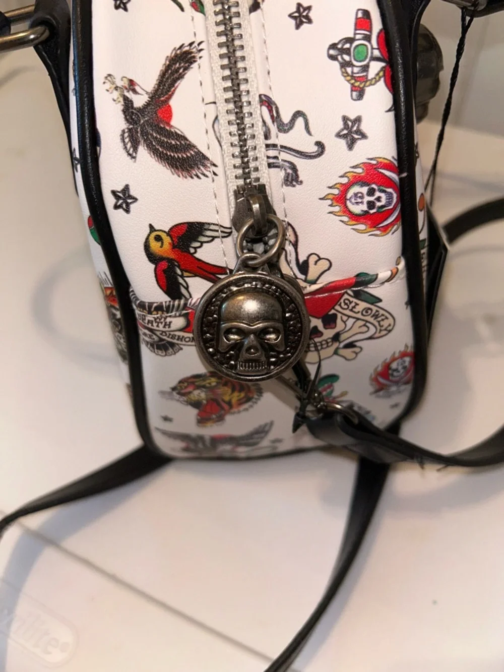 NWT White Tattoo-Print Dome Satchel with Black Trim - Picture 7 of 9